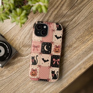 Pink Halloween Patchwork Phone Case, Cute Coquette iPhone Case, Black Cat Pumpkin Bow Case, Vintage Spooky Aesthetic, Samsung Galaxy