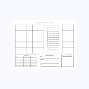 May include: A printable planner page with sections for expenses, habit creation, and a quote of the month. The expenses section has columns for bill, amount, and date. The habit creation section has fields for goal, timeframe, and rewards. The quote of the month section is a blank box.