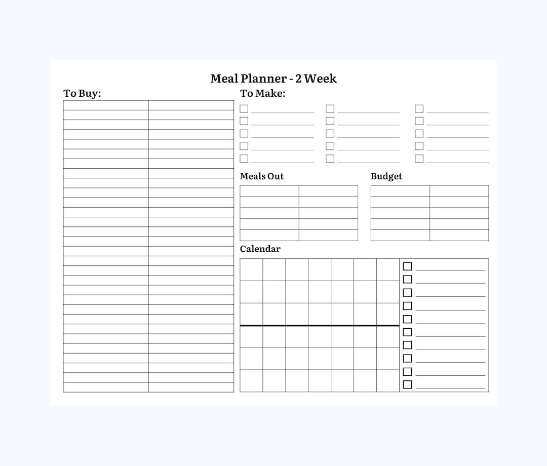 Printable Planner Template 2 Week Meal Planner Standard Size 8.5in by ...