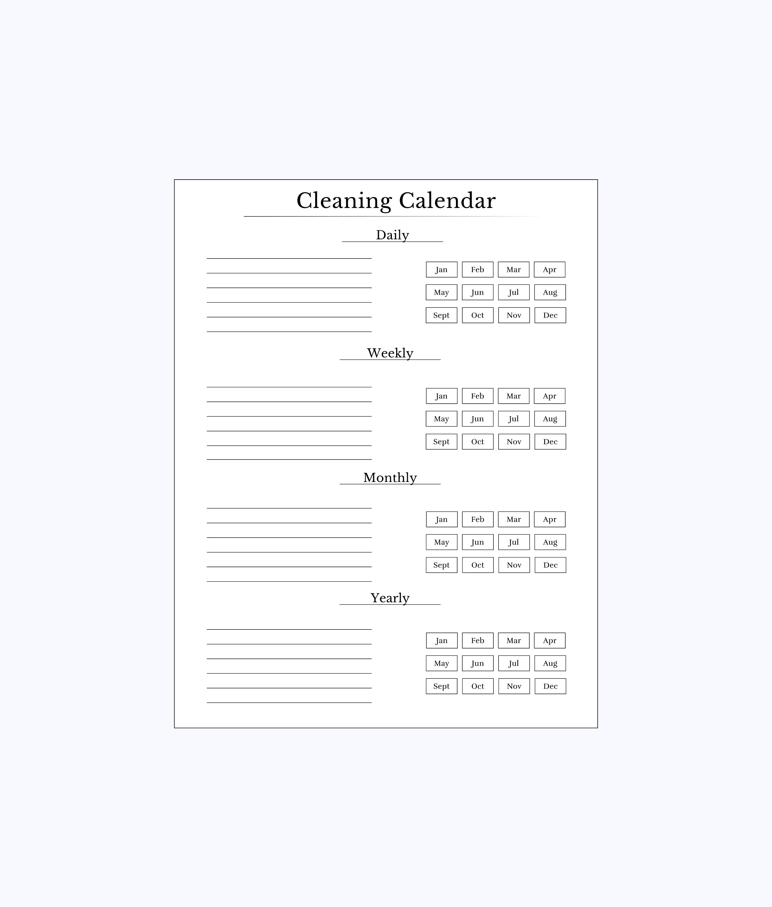 Printable Cleaning Calendar - Standard Size (8.5in X 11in) - ADHD ...