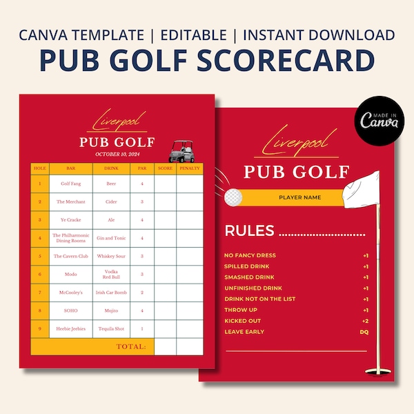 Liverpool Pub Golf Scorecard | Editable Canva Templates | Printable Pub Crawl | Bachelor | Birthday Party Games | Customisable Red Template