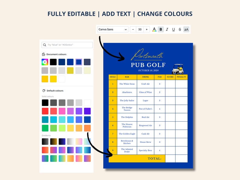 Portsmouth Pub Golf Scorecard | Editable Canva Template | Printable Pub ...