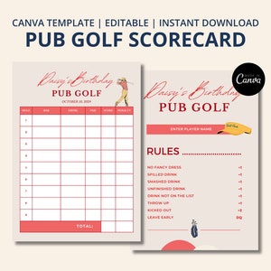 Carte de pointage de golf pour pub d'anniversaire | Modèle de toile modifiable | Tournée des bars imprimable | Faire une poule | Jeux de fête d'anniversaire | Modèle rose personnalisable