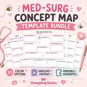 以下が含まれることがあります： Med-Surgコンセプトマップテンプレートバンドル。医療学習セクションが記載された複数の印刷可能なページ、ピンクの聴診器、グリッターペン、ハチやハートなどの装飾アイコンが、テキスト付きの淡いピンクの背景に配置されています。