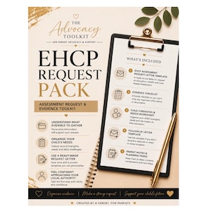May include: The Advocacy Toolkit EHCP Request Pack features a black clipboard with a white document listing five included items: an assessment request letter template, evidence checklist, child strengths and needs worksheet, follow-up letter template, and parent notes.