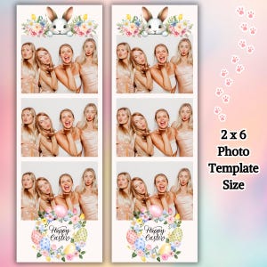 以下が含まれることがあります： 花柄のアクセントが付いた白いウサギと「ハッピーイースター」の文字が書かれた、2x6のレイアウトのフォトブーステンプレートです。