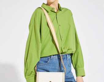 Bonfanti shoulder bag Italian leather cotton canvas structured bag Green