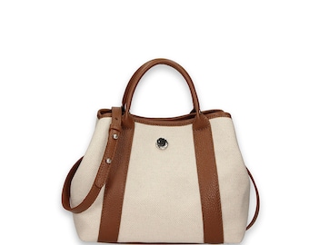 Bonfanti canvas leather tote bag Brown/Navy Blue Color - Medium Size