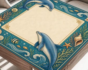 May include: Square table with a marine-themed design. The table features a blue border with illustrations of dolphins, fish, seashells, and coral. The center has a cream-colored surface. The table is made of wood.