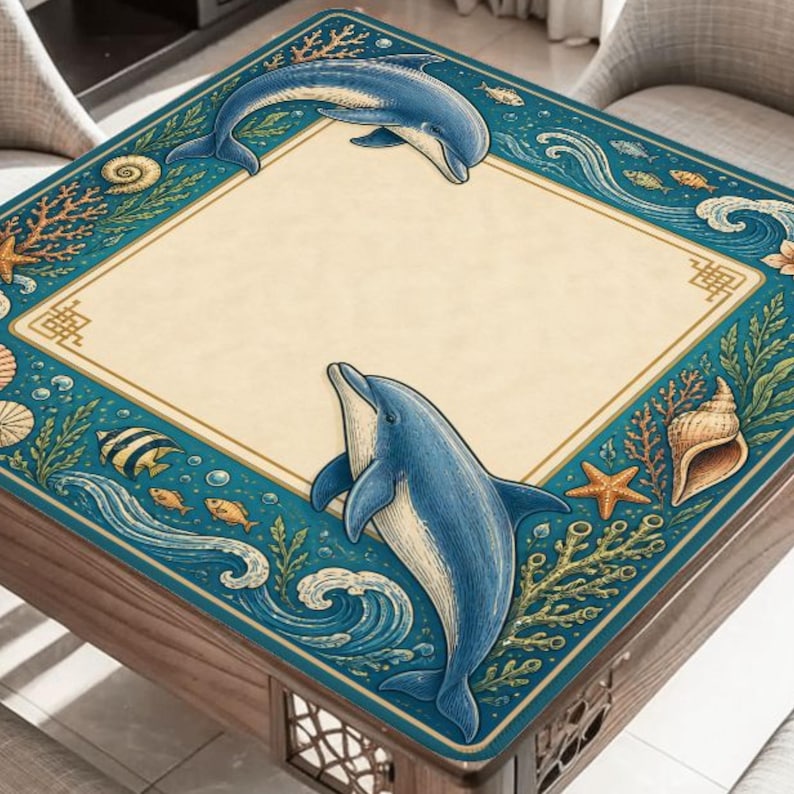 Puede incluir: Mesa cuadrada con dise&ntilde;o de tem&aacute;tica marina. La mesa presenta un borde azul con ilustraciones de delfines, peces, conchas marinas y corales. El centro tiene una superficie de color crema. La mesa es de madera.