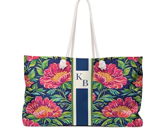 Personalized Grandmillenial Peony Mahjong Rack Bag - Custom Monogram Weekender Tote, Floral Travel Bag, Large Preppy Chinoiserie Beach Bag