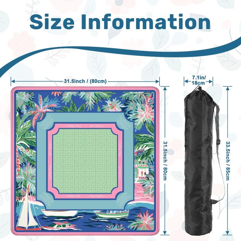 Coastal Palm Beach Mahjong Mat with Rules - Luxury Nautical Sailboat Table Protector, Preppy Blue & Pink Travel Mat with Bag, Mah jongg Gift image 4