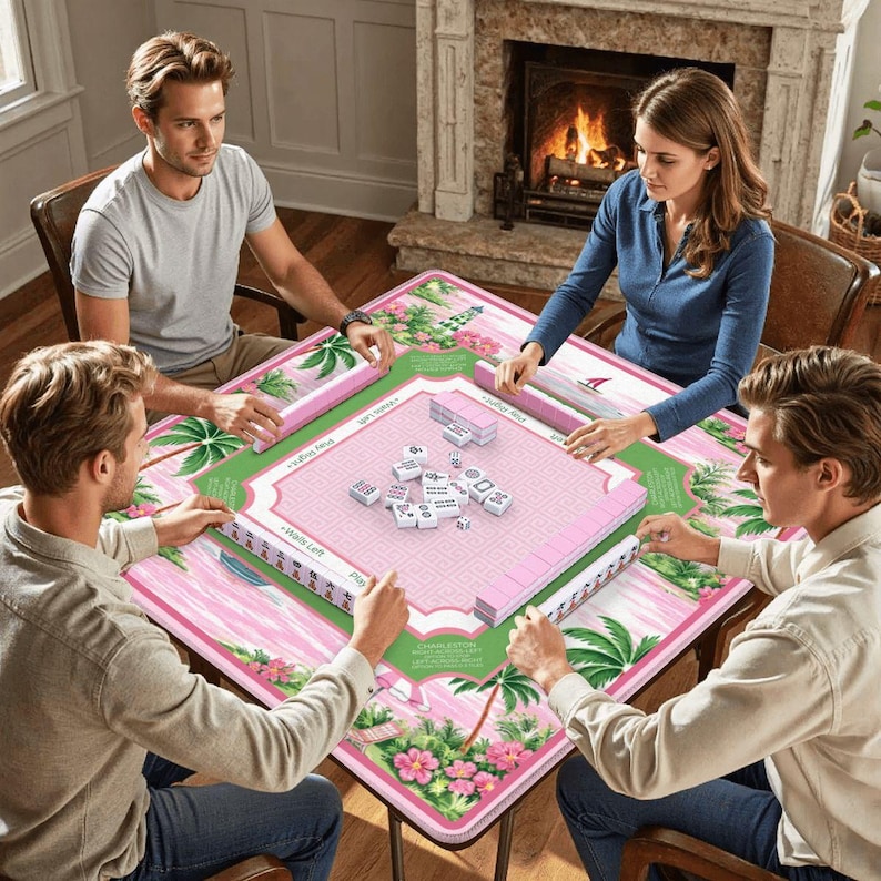 Pink Regatta Coastal Mahjong Mat – Preppy Sailing Accessories, Nautical Hostess Gift, Instructional Rules Mat, SHIPS ROLLED image 2