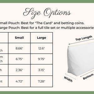 May include: White pouch with a zipper closure, dimensions provided. Small pouch: top length 8.66", bottom length 6.75", width 2.36", height 4.72". Large pouch: top length 12.6", bottom length 9.75", width 3.15", height 7.28".