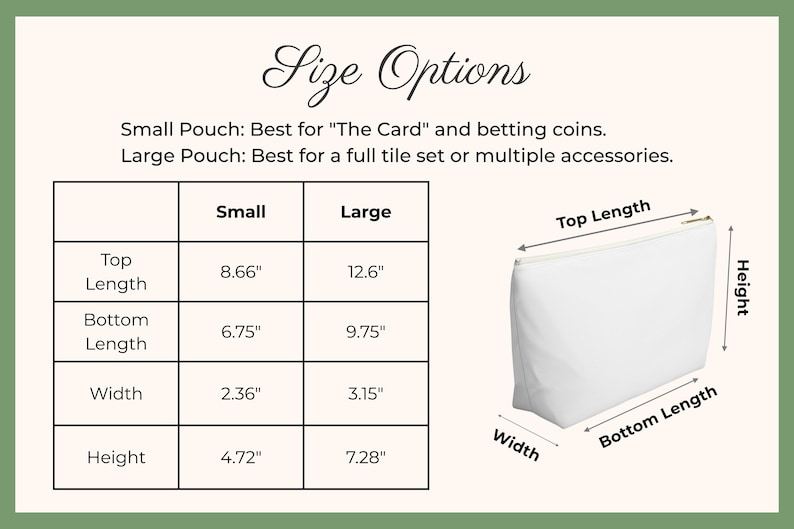 May include: White pouch with a zipper closure, dimensions provided. Small pouch: top length 8.66", bottom length 6.75", width 2.36", height 4.72". Large pouch: top length 12.6", bottom length 9.75", width 3.15", height 7.28".