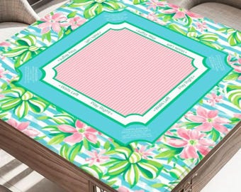 Preppy Coquette Mahjong Mat with Rules - Pink & Teal Floral Chinoiserie Table Cover, Luxury Player Gift, Non-Slip Fabric Playmat with Bag