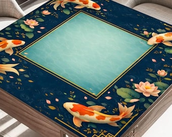 Oriental Koi Fish Mahjong Mat - Navy Blue Chinoiserie Game Table Cover, Mah Jongg Mothers Day Gift, Retirement Gift for Players