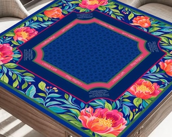 Botanical Navy Mahjong Mat with Rules - Elegant Grandmillenial Table Topper, Pink Peony Premium Game Night Mat with Bag, Mahj Gift for Her