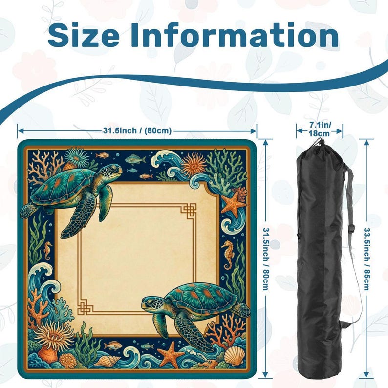 Coastal Sea Turtle Mahjong Mat with Bag – Tropical Botanical Style – 31.5" Noise Reducing Table Topper Protector, Luxury Mahjong Player Gift image 4