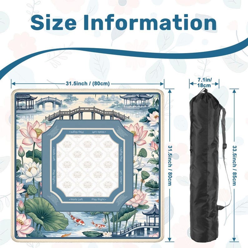 Tapete de Mahjong con Reglas y Diseño de Jardín de Koi de Loto - Mantel Botánico Pabellón Chinoiserie, Regalo Elegante y Lujoso, Tapete de Calidad Profesional con Bolsa imagen 4