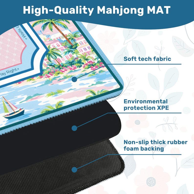 Tropical Palm Beach Mahjong Mat - Preppy Pink and Blue Coastal Table Protector, Nautical Sailboat Game Night Accessories, Mahj Mat with Bag image 5