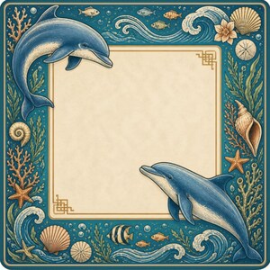 Puede incluir: Un marco cuadrado ilustrado con tem&aacute;tica marina. Dos delfines azules est&aacute;n colocados en esquinas opuestas, con un espacio en blanco de color crema en el centro. El marco est&aacute; decorado con conchas, estrellas de mar, corales y peces, todo sobre un fondo turquesa.