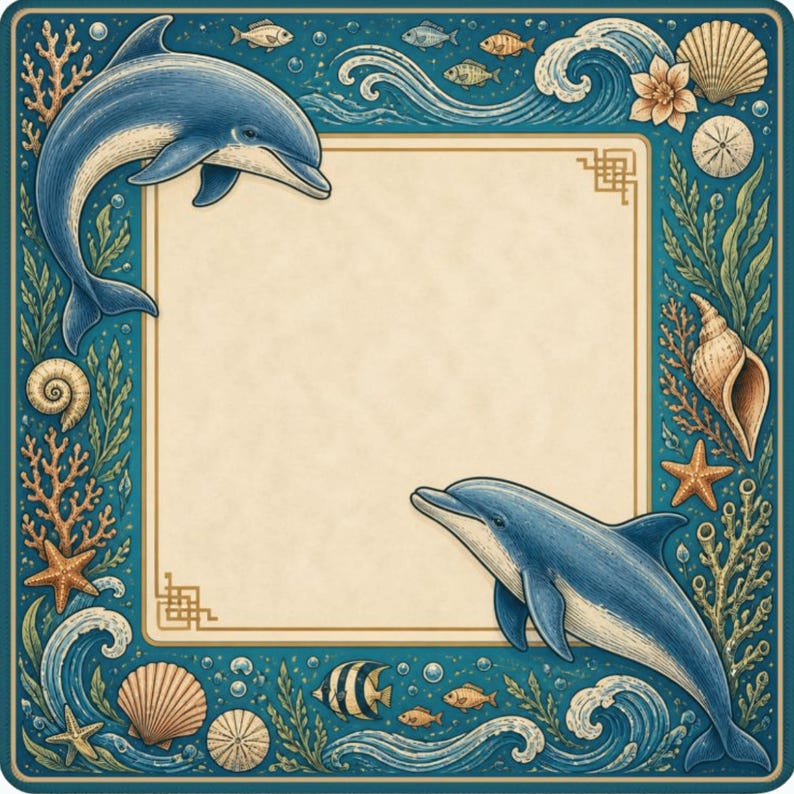 Puede incluir: Un marco cuadrado ilustrado con tem&aacute;tica marina. Dos delfines azules est&aacute;n colocados en esquinas opuestas, con un espacio en blanco de color crema en el centro. El marco est&aacute; decorado con conchas, estrellas de mar, corales y peces, todo sobre un fondo turquesa.