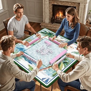 Tropical Palm Beach Mahjong Mat - Coastal Seaside Resort Table Topper, Luxury Blue Game Night Decor, Mah jongg Player Gift for Her image 2