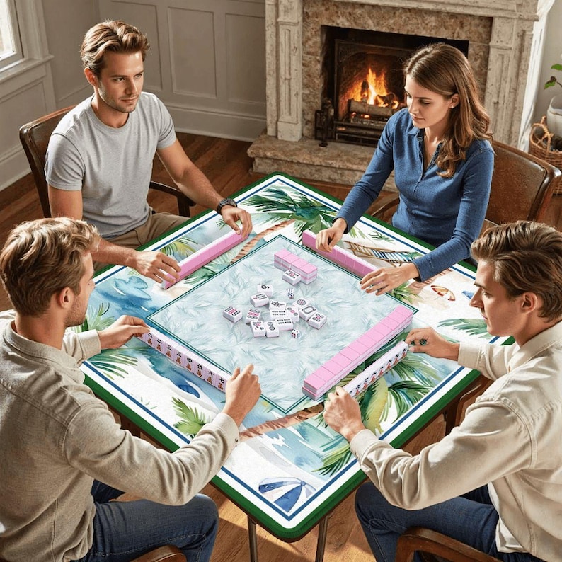 Tropical Palm Beach Mahjong Mat - Coastal Seaside Resort Table Topper, Luxury Blue Game Night Decor, Mah jongg Player Gift for Her image 2