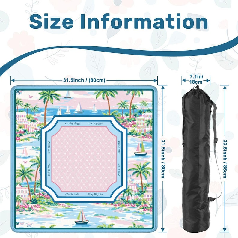 Tropical Palm Beach Mahjong Mat - Preppy Pink and Blue Coastal Table Protector, Nautical Sailboat Game Night Accessories, Mahj Mat with Bag image 4