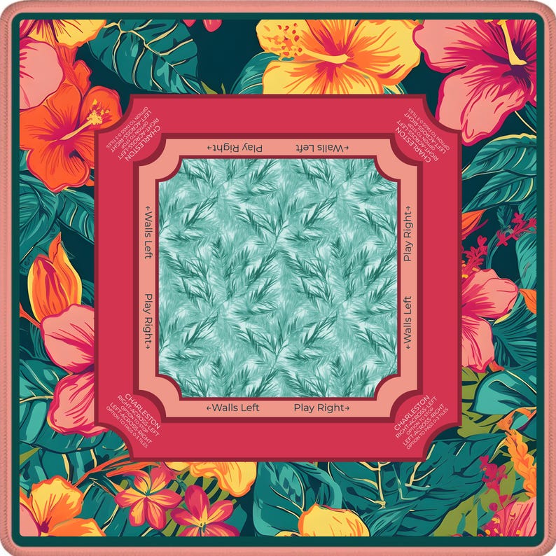 May include: Square, floral-patterned textile with a tropical theme. The design features large hibiscus flowers in shades of orange, pink, and yellow, set against a dark green background. The center has a teal fern pattern, framed by a red border with text. The edges are a coral color.