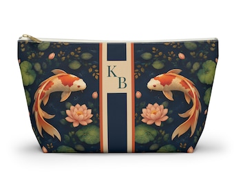 Koi Pond Personalized Mahjong Tile Bag - Custom Monogram Chinoiserie Pouch, Koi Fish & Lotus Floral Game Night Case, Travel Organizer