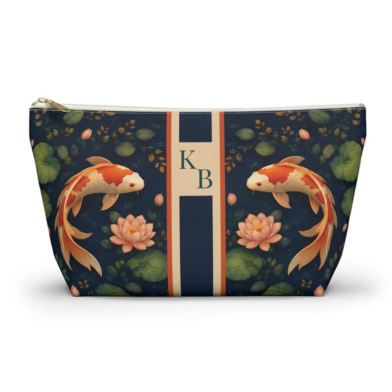 Koi Pond Personalized Mahjong Tile Bag - Custom Monogram Chinoiserie Pouch, Koi Fish & Lotus Floral Game Night Case, Travel Organizer image 1