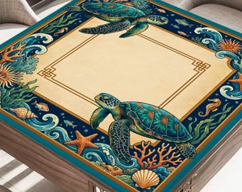 Tapete de Mahjong con diseño de tortuga marina costera y bolsa – Estilo botánico tropical – Protector de mesa de 80 cm que reduce el ruido, regalo de lujo para jugadores de Mahjong