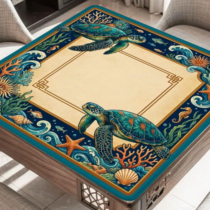 Coastal Sea Turtle Mahjong Mat with Bag – Tropical Botanical Style – 31.5" Noise Reducing Table Topper Protector, Luxury Mahjong Player Gift image 1