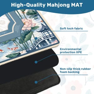Tapete de Mahjong con Reglas y Diseño de Jardín de Koi de Loto - Mantel Botánico Pabellón Chinoiserie, Regalo Elegante y Lujoso, Tapete de Calidad Profesional con Bolsa imagen 5