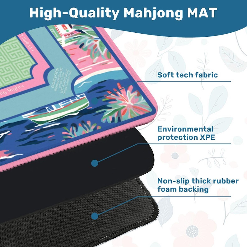 Coastal Palm Beach Mahjong Mat with Rules - Luxury Nautical Sailboat Table Protector, Preppy Blue & Pink Travel Mat with Bag, Mah jongg Gift image 5