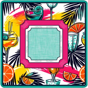 May include: A colorful square cocktail-themed design with a teal center and a pink border. The design features illustrations of cocktails, orange slices, and palm leaves. The text "Walls Left" and "Play Right" is visible.