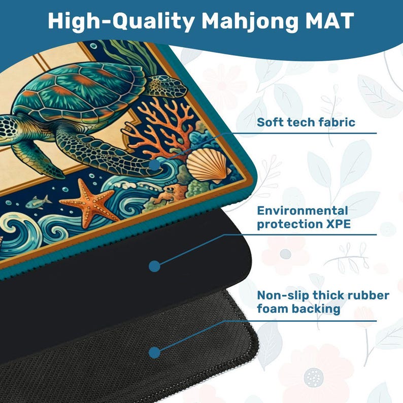 Coastal Sea Turtle Mahjong Mat with Bag – Tropical Botanical Style – 31.5" Noise Reducing Table Topper Protector, Luxury Mahjong Player Gift image 5