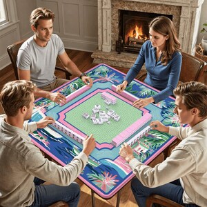 Coastal Palm Beach Mahjong Mat with Rules - Luxury Nautical Sailboat Table Protector, Preppy Blue & Pink Travel Mat with Bag, Mah jongg Gift image 2