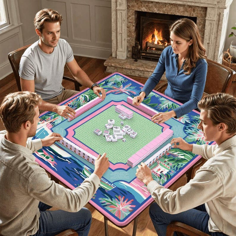 Coastal Palm Beach Mahjong Mat with Rules - Luxury Nautical Sailboat Table Protector, Preppy Blue & Pink Travel Mat with Bag, Mah jongg Gift image 2