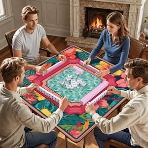 Summer Tropical Mahjong Mat with Rules - Bold Teal & Orange Hibiscus Premium Table Topper, Floral Quiet Play Game Night Mat with Bag image 2