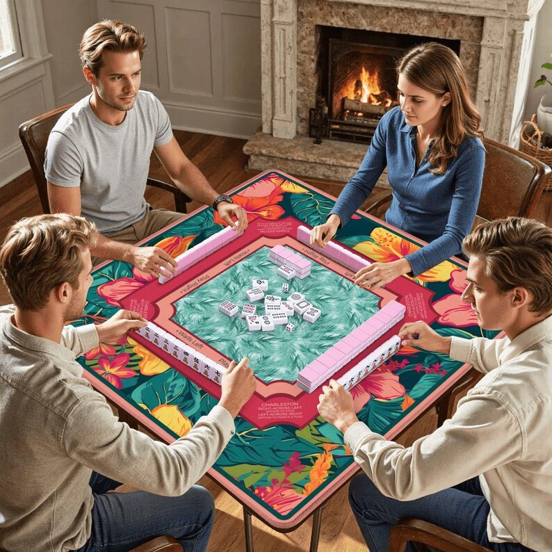 Summer Tropical Mahjong Mat with Rules - Bold Teal & Orange Hibiscus Premium Table Topper, Floral Quiet Play Game Night Mat with Bag image 2
