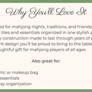 May include: A cream-colored graphic with the text "Why You'll Love It" and bullet points describing the benefits of a product. The text mentions mahjong nights, organization, and gift-giving. Also great for cosmetic bags, travel essentials, and everyday organization.