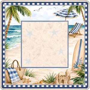 May include: Watercolor illustration of a beach scene with a blue and white striped border. The image features a beach bag, towel, starfish, sandcastle, surfboard, and a beach chair. Palm trees, seagulls, and an umbrella complete the coastal theme.