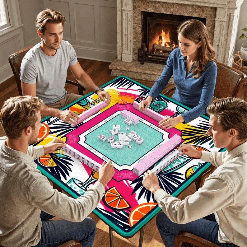 Cocktail Mahjong Mat with Rules - Tropical Citrus Game Table Cover, Mah Jongg Gift for Her, Game Night Hostess Gift for Mahjong Players image 2