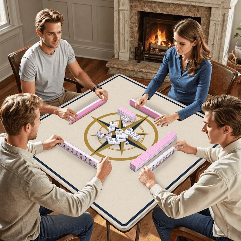 Compass Rose Mahjong Mat - Nautical Navy Gold Table Cover, Coastal Estate Decor, Luxury Gift for Mahj Players, Non-Slip Fabric Mat image 2