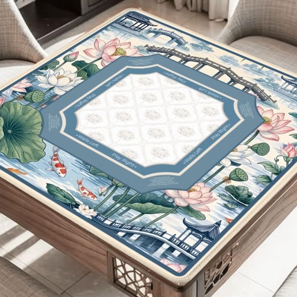 Lotus Koi Garden Mahjong Mat with Rules - Chinoiserie Pavilion Botanical Table Cover, Elegant Luxury Gift, Professional Quality Mat with Bag