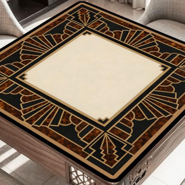 Tortoiseshell Art Deco American Mahjong Mat - Black, Brown and Gold, 31.5-Inch Non-Slip