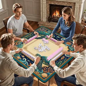 Coastal Sea Turtle Mahjong Mat with Bag – Tropical Botanical Style – 31.5" Noise Reducing Table Topper Protector, Luxury Mahjong Player Gift image 2